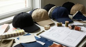 Custom hats development workspace with cap samples, fabric swatches, and a printed tech pack