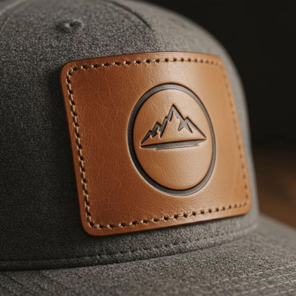 Debossed leather patch on trucker hat