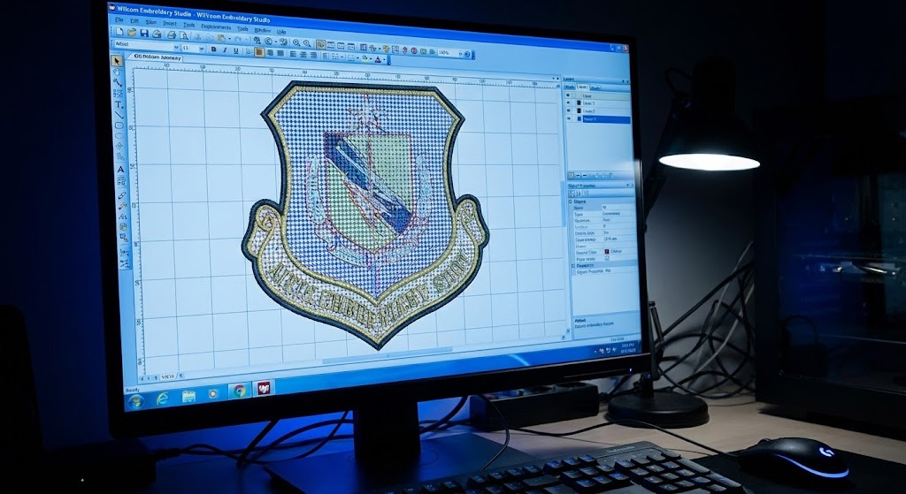Computer monitor displaying embroidery software with a stitch path simulation of a patch.