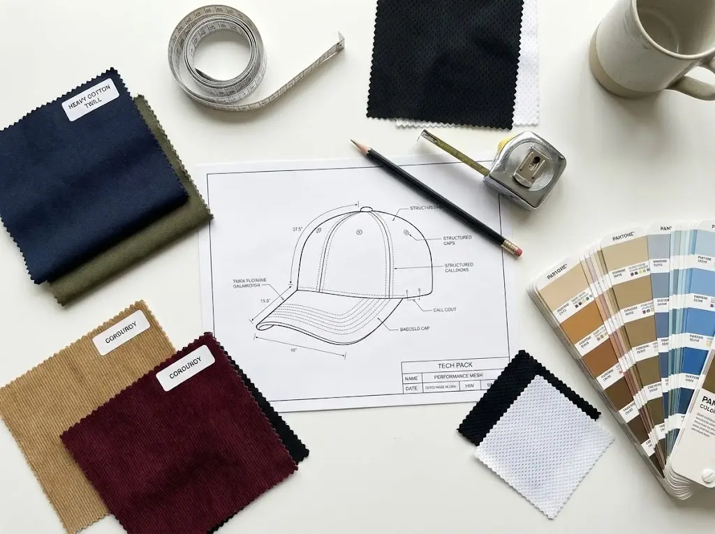 Design table with tech pack and fabric swatches