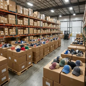 Large warehouse facility stocked with wholesale blank hats and bulk caps in boxes, ready for immediate shipping from the US.