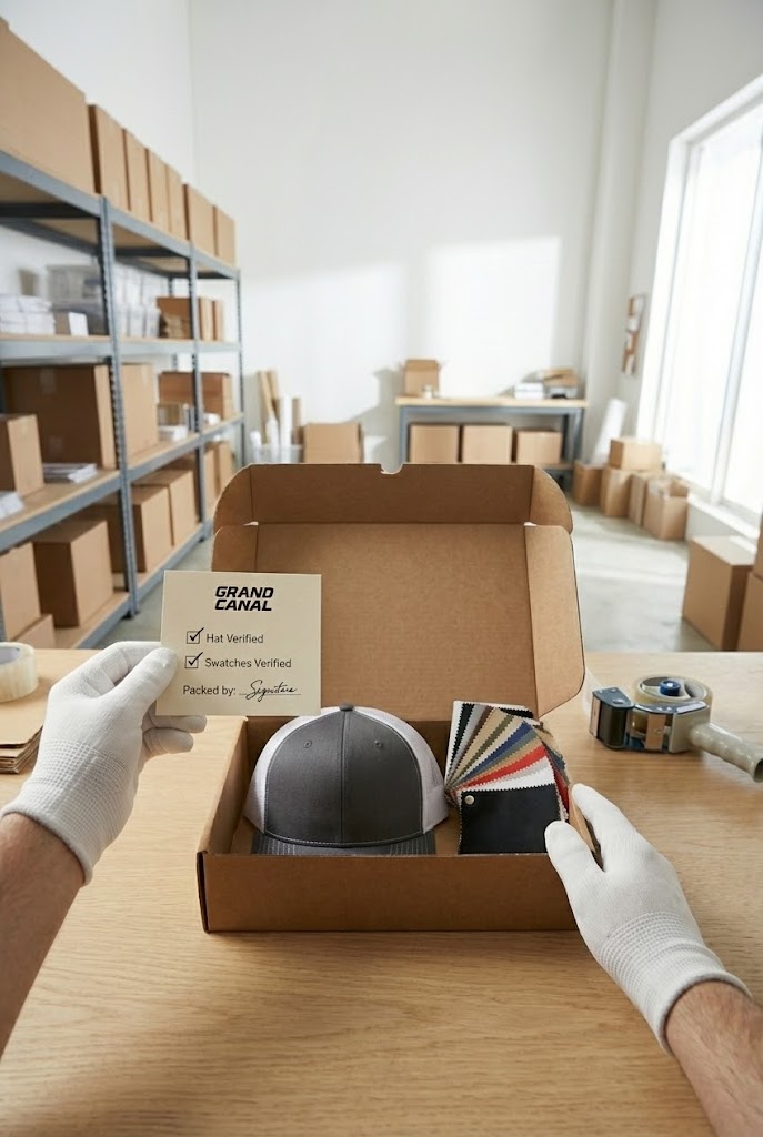 Our team member carefully packing a commercial sample kit