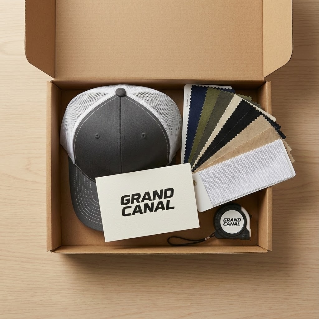Premium Sample Kit showing high-quality hats and fabric swatches