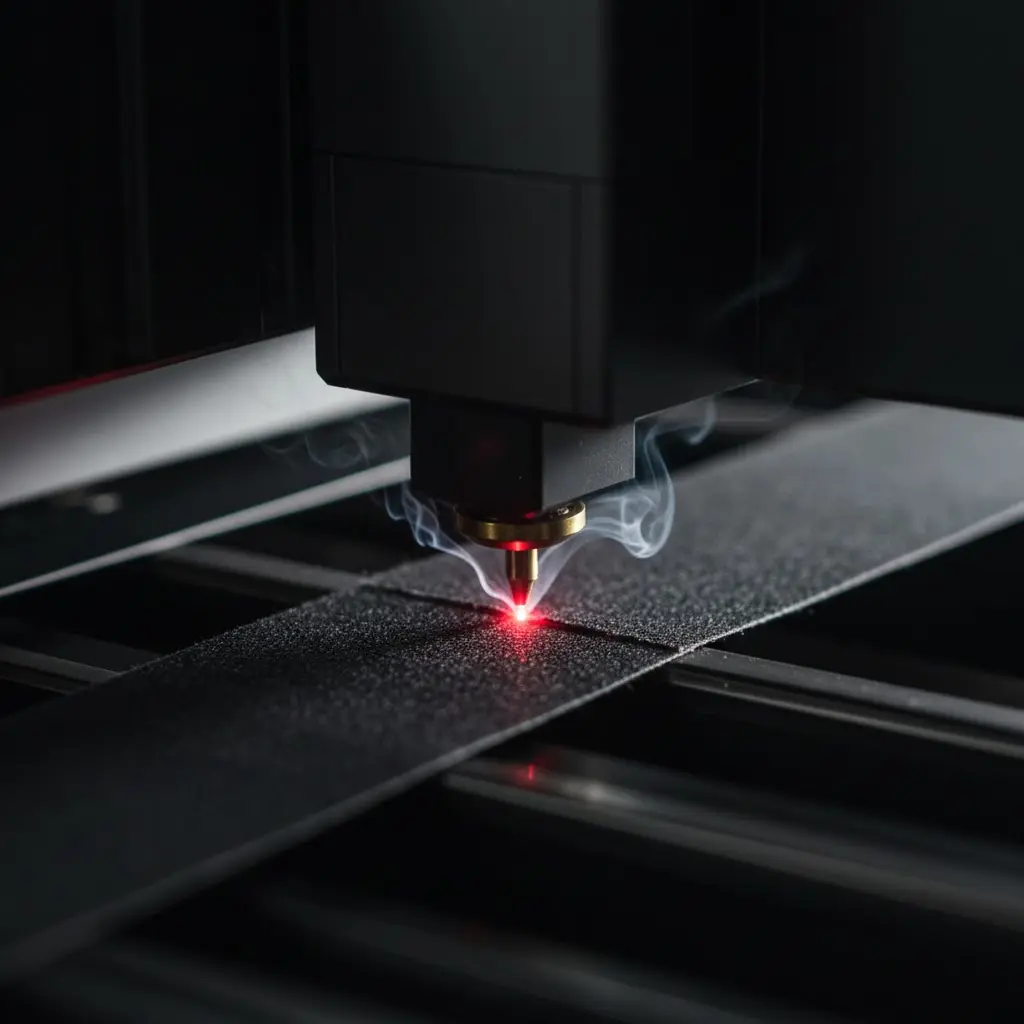 Macro view of a CO2 laser cutter machine slicing a black fabric strip with a red laser beam and vapor rising, demonstrating high-precision label manufacturing.