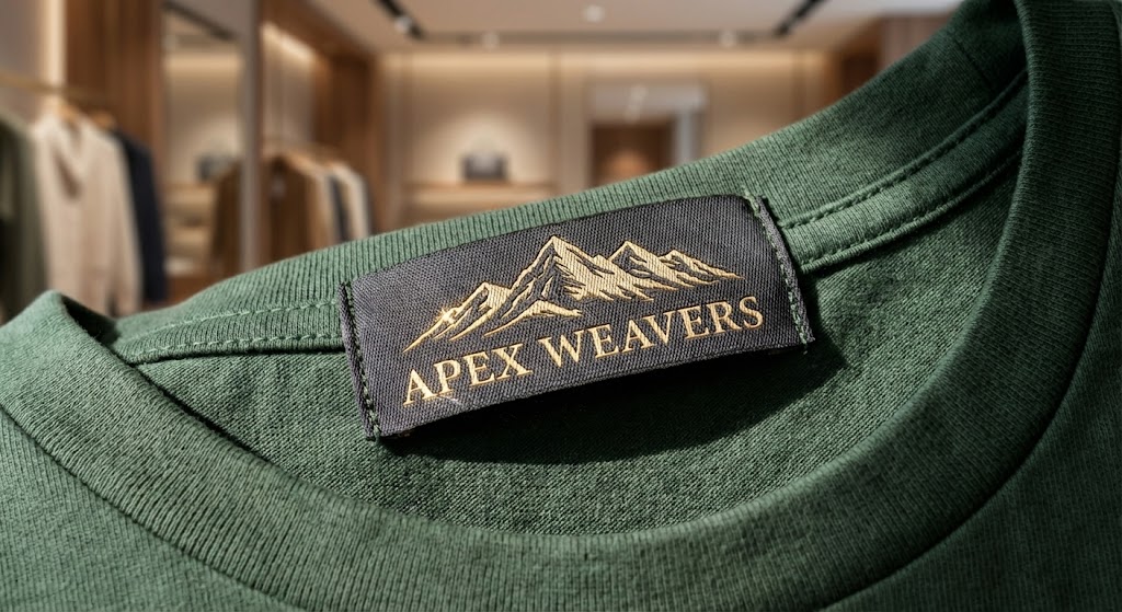 High-definition macro shot of a black and gold damask woven label with visible textile grain