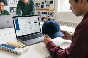 Production staff reviewing a physical navy blue hat sample against a digital tech pack specification on a laptop with Pantone color guides.
