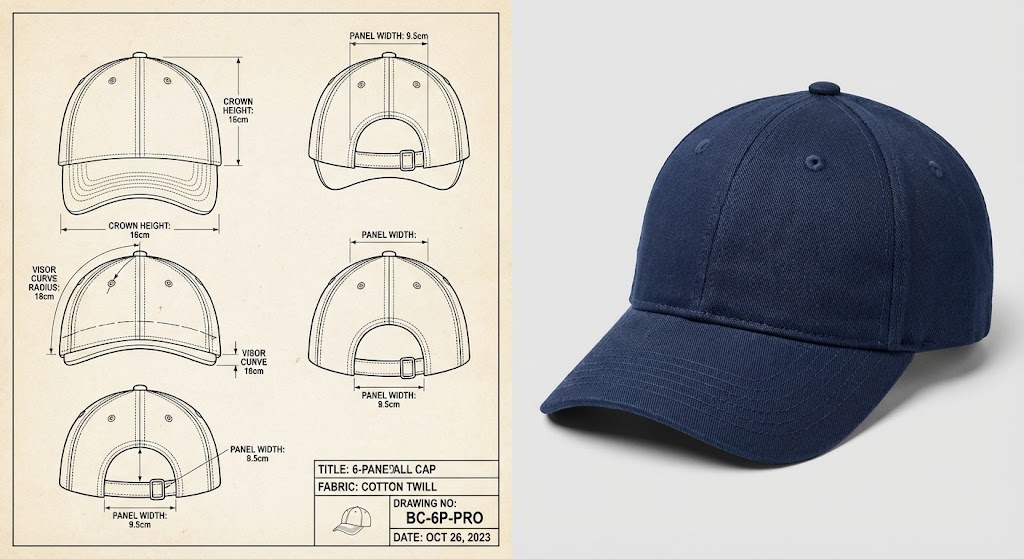 A comparison between a detailed 6-panel hat technical drawing with precise measurements (Tech Pack) and a high-quality physical navy blue baseball cap sample.
Caption: Bridging the gap: A detailed tech pack ensures the final physical product matches your brand vision without costly revisions.