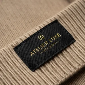 Macro close-up of a premium black custom woven label with gold thread text sewn onto beige ribbed knit fabric, displaying high-density damask weave and soft edges.