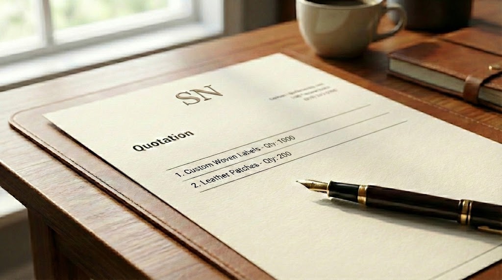 A professional paper quotation from SN International LLC resting on a wooden desk with a fountain pen, clearly listing custom woven labels and leather patches with transparent unit pricing.