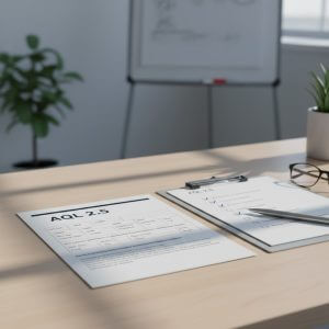 A professional quality control report on a desk labeled AQL 2.5 with a checklist and glasses, representing manufacturing standards.