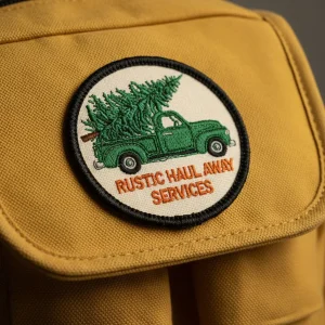 A high-quality embroidered patch with a green dump truck and pine tree logo reading "RUSTIC HAUL AWAY SERVICES" on a tan canvas bag.