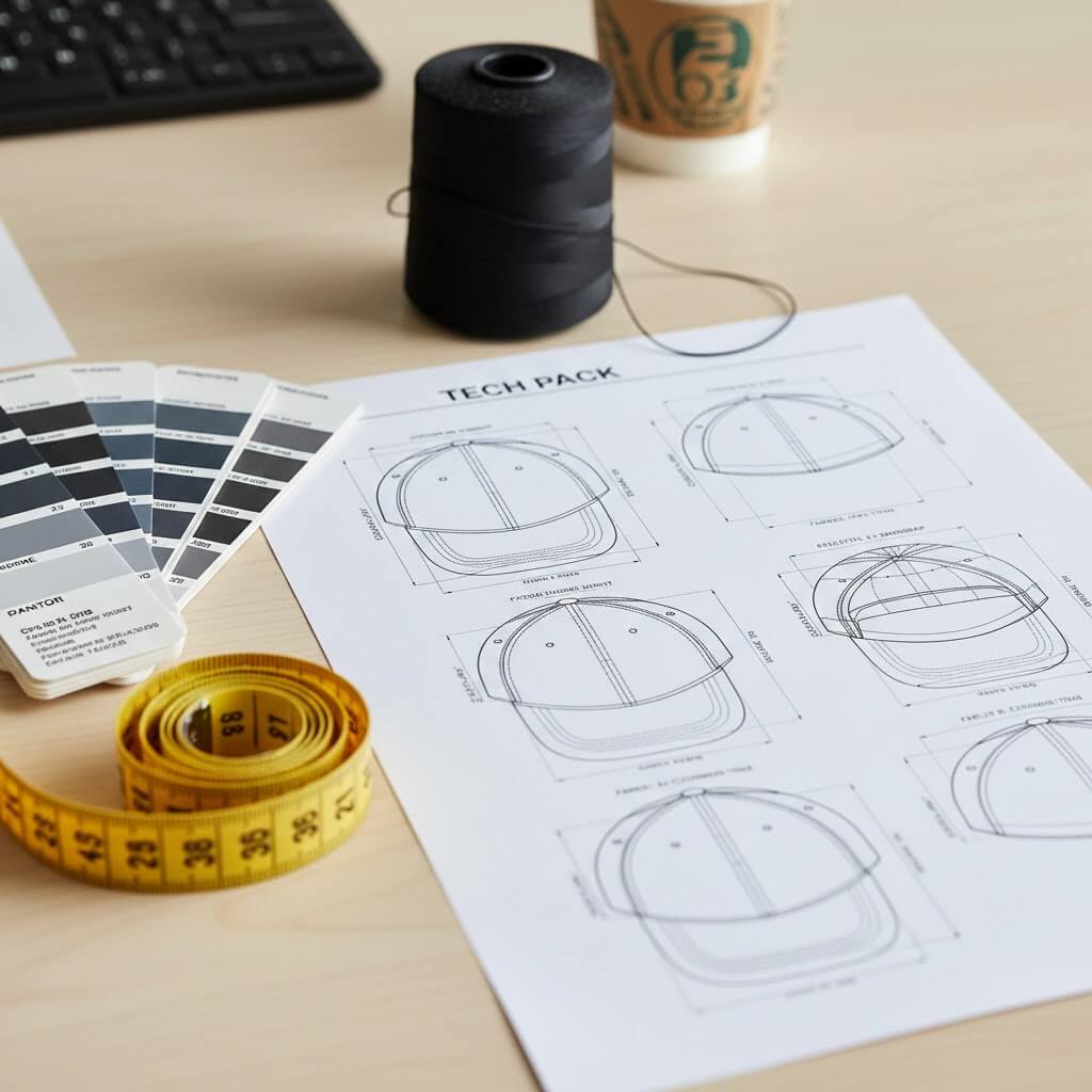 A close-up view of a printed tech pack document for a baseball cap on a wooden desk. The scene includes a yellow measuring tape, a spool of black thread, and a fan of Pantone color chips, illustrating the tools needed for precise factory communication.