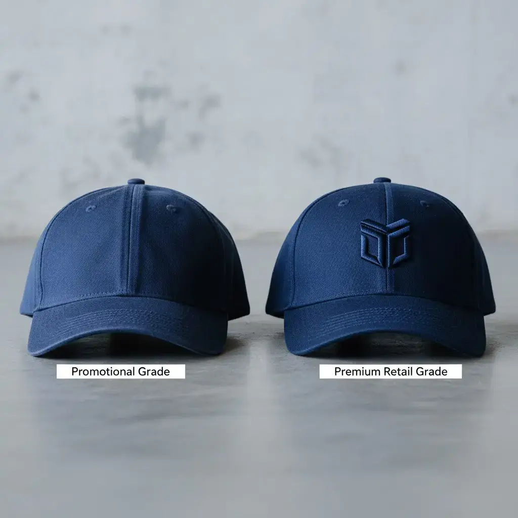 Side-by-side comparison of two navy baseball caps: left showing a loose-structured promotional grade, right showing a premium retail grade with 3D embroidery and firm structure.