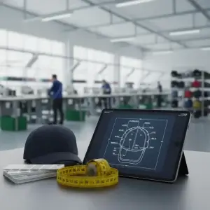 A professional workspace featuring a tablet with a headwear tech pack, a premium baseball cap, a yellow tailor's measuring tape, and fabric swatches against a blurred factory background.