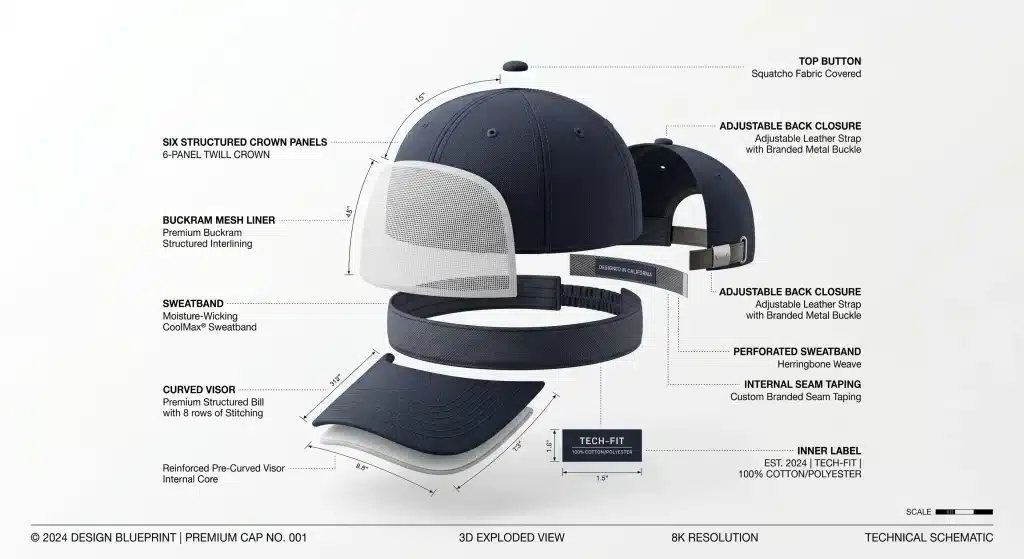 3D exploded view diagram of a 6-panel structured baseball cap showing internal buckram, sweatband, and seam taping components.