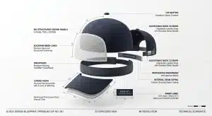 3D exploded view diagram of a 6-panel structured baseball cap showing internal buckram, sweatband, and seam taping components.