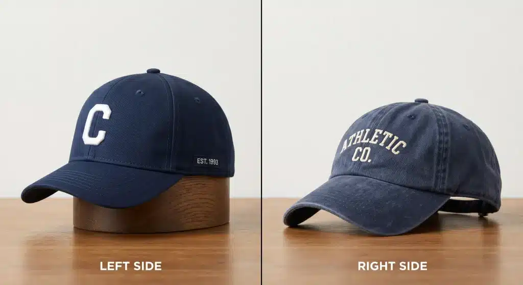 Side-by-side comparison of a structured navy baseball cap with a firm crown (left) and an unstructured washed cotton dad hat with a relaxed fit (right).