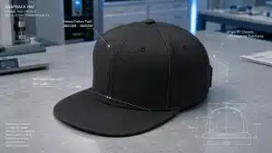 A premium charcoal black custom snapback hat displayed on an industrial inspection table, featuring technical blueprint overlays highlighting cotton twill fabric weight, symmetry tolerance, and snap closure pull-force specifications.