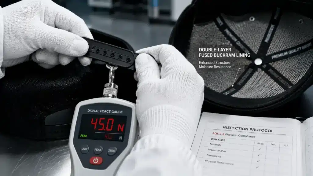 Macro close-up of a quality inspector testing a snapback hat plastic closure with a digital force gauge reading 45.0 Newtons, while the hat’s double-layer fused buckram lining is visible in the background.