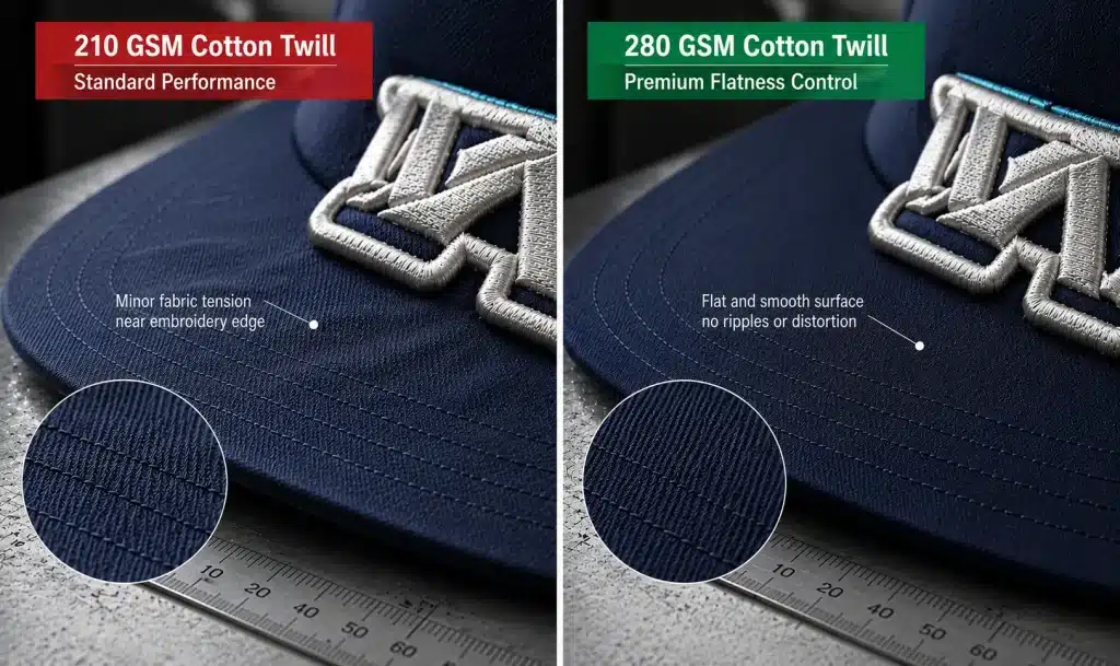 Side-by-side macro comparison of snapback cap brims made with 210 GSM and 280 GSM cotton twill fabric, showing differences in embroidery-induced fabric tension and brim flatness.