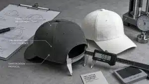 Industrial textile engineering inspection of two 100% cotton heavy twill baseball caps, measured with a digital caliper displaying 58.0 cm, highlighting fabric density, shrinkage tolerance and sanforization quality standards.