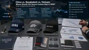 Industrial white paper style image comparing China, Vietnam, and Bangladesh custom hat manufacturing capabilities including MOQ, lead time, embroidery quality, and supply chain structure.