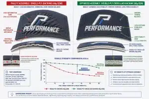 Engineering cross-sectional diagram comparing a 40gsm single-ply backing and an 80gsm double-ply cross-laid backing in a structured performance cap, illustrating differences in tension balance, embroidery stability, logo deformation, and wrinkle control.