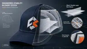 Technical cutaway illustration of a high-crown structured active cap showing a transparent embroidery stabilization system with double-layer 50g/m² non-woven backing, cross-laid fiber structure, and high-density embroidery exceeding 4,500 stitches per inch. Engineering callouts highlight internal reinforcement layers and stitch performance.