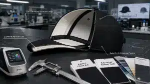 Technical white paper illustration showing a cutaway structured six-panel cap with engineering callouts for 250 GSM buckram lining, 2.5mm HDPE visor core, 9 SPI seam stitching, and Delta E { 1.0 Pantone color control, alongside laboratory testing instruments and fabric specification cards.